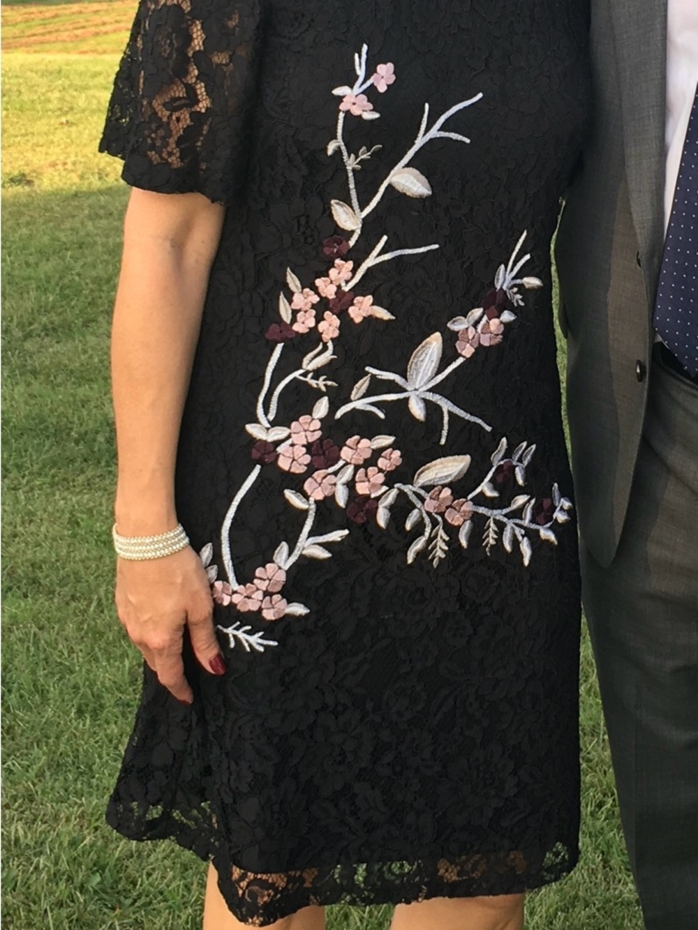 Black Lace Midi Dress with Pink Floral Embroidery